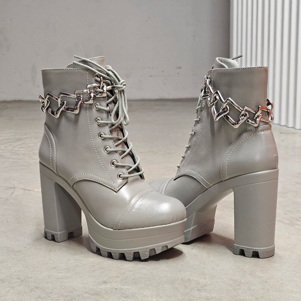 Chunky Platform Lace-Up Ankle Boots With Chain Detail In Light Olive Faux Leathe